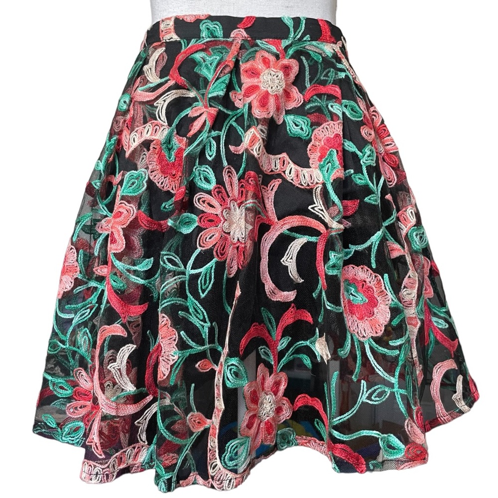 Floral Embroidered Mesh Skirt NEW 28 Black Pink Green Tropical Skater A-Line